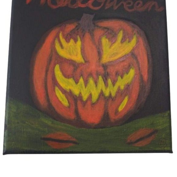 Terrifying Halloween Jack o Lantern Acrylic Painting on Black Canvas 8 x 10 in - Picture 3 of 9